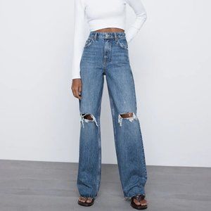 Zara Ripped Wide Leg Jeans, dark wash, US size 4, EUR size 36
